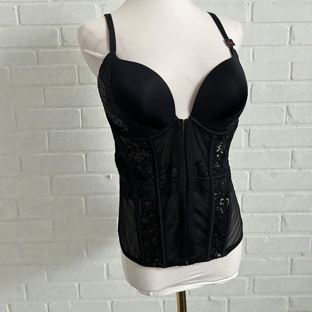 Black Lace Corset Bustier Top | Structured Push-Up | Sheer Sequin Panels XL
